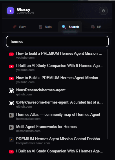Knowledge Base search tab in the Glassy Companion popup showing hybrid search results