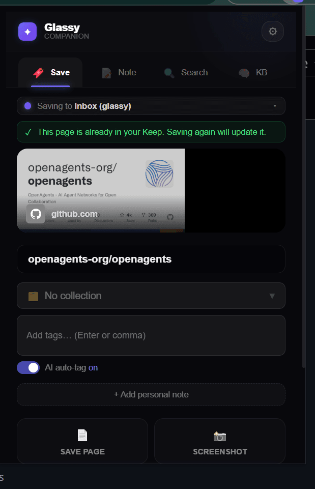 Glassy Companion extension popup showing Smart Save with structured capture options