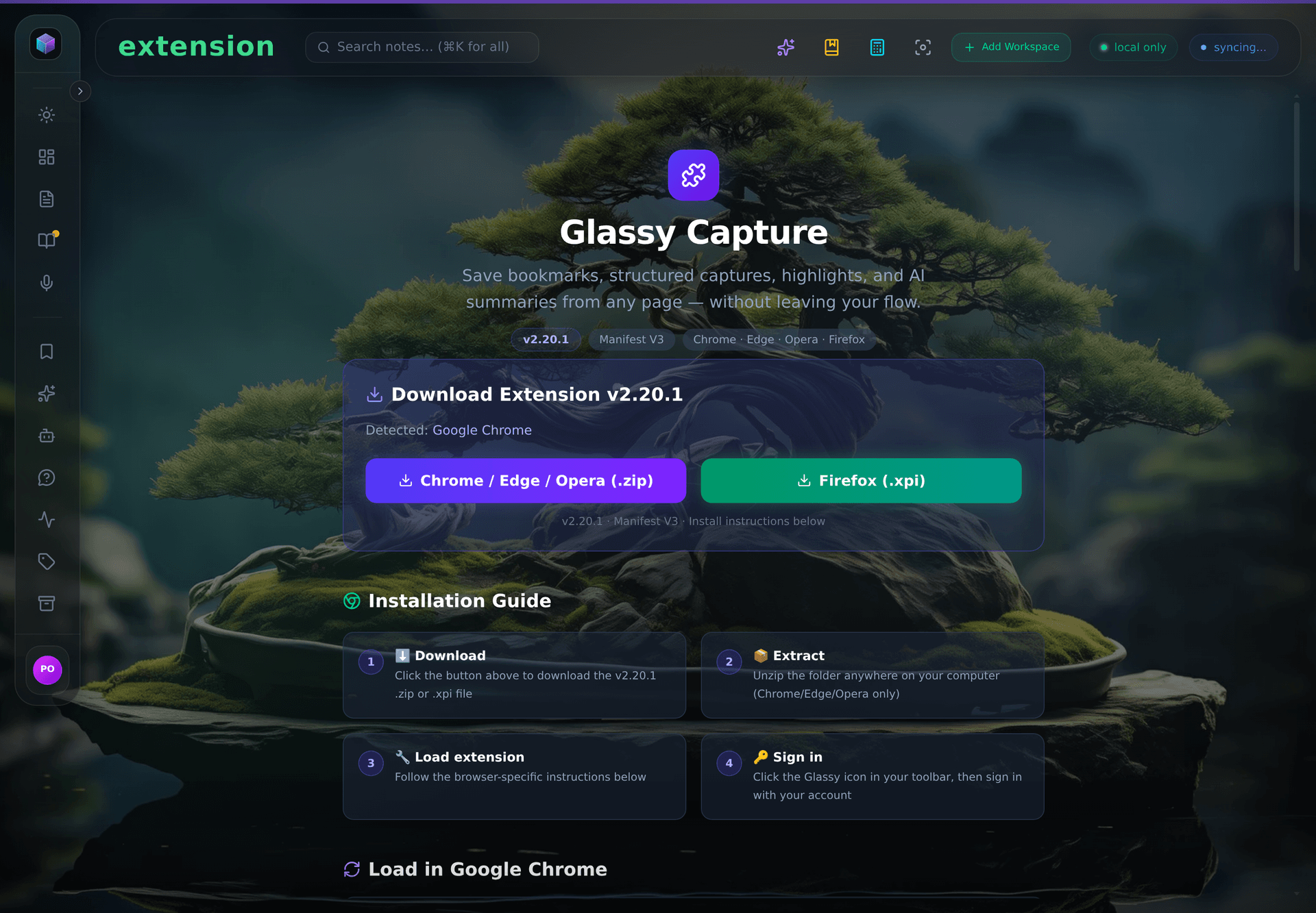 Glassy Capture: version 2.20.1, detected Chrome, Chrome/Edge/Opera and Firefox install buttons, and the four-step installation guide.
