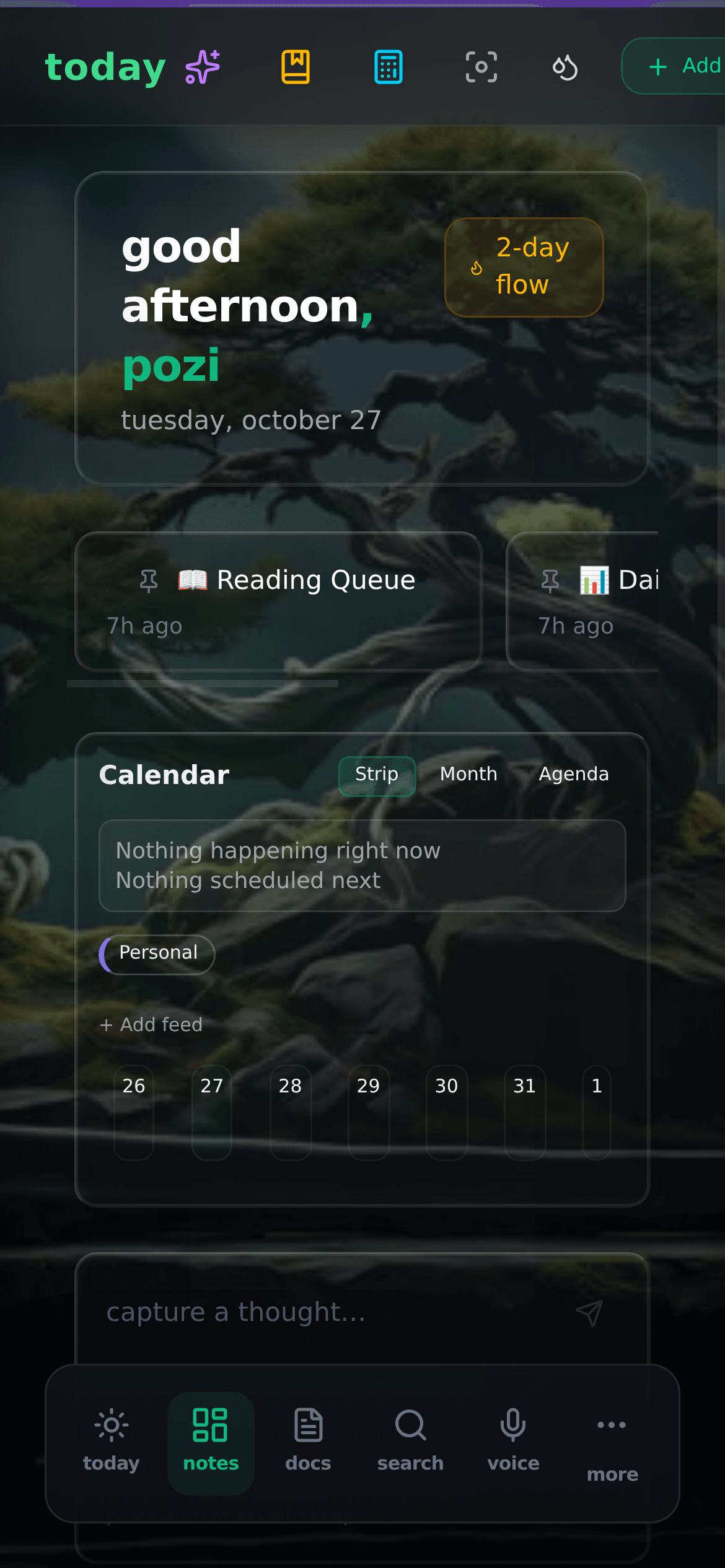 Glassy Today on a phone: greeting, focus cards, calendar strip, capture bar, and the mobile navigation.