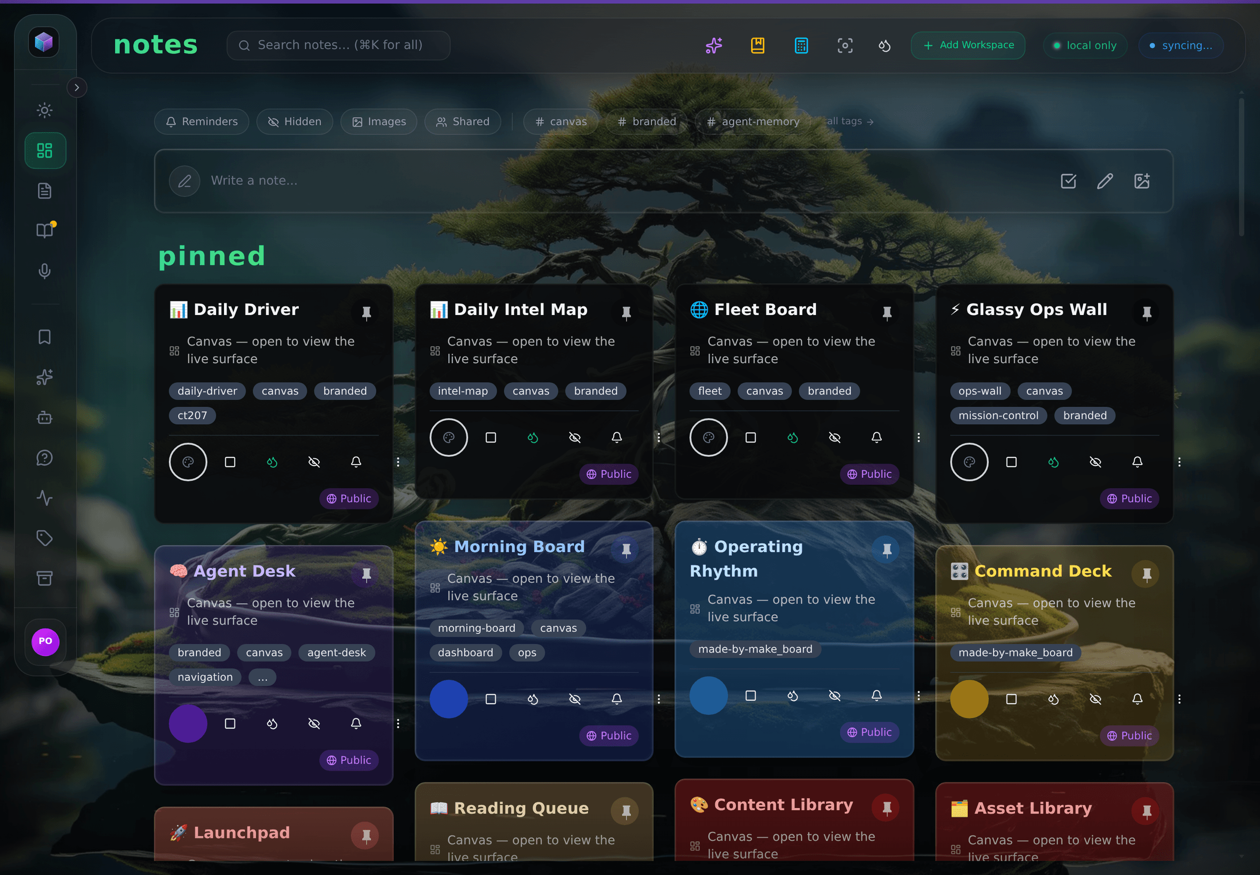 The pinned notes shelf: Daily Driver, Daily Intel Map, Fleet Board, Glassy Ops Wall, Agent Desk, Morning Board, Operating Rhythm, and Command Deck.