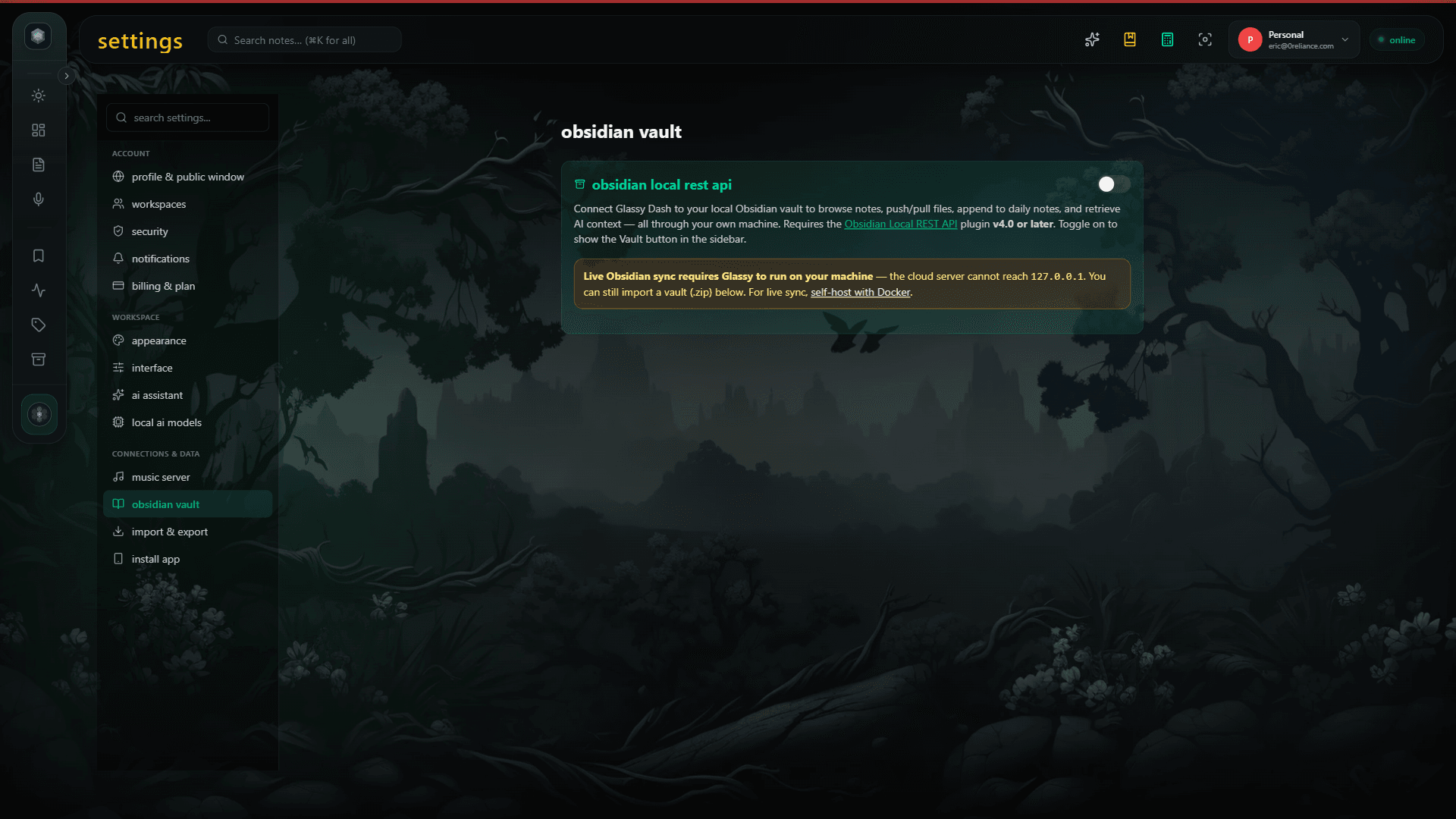 Obsidian vault browser with folder tree and Markdown preview in the Glassy workspace