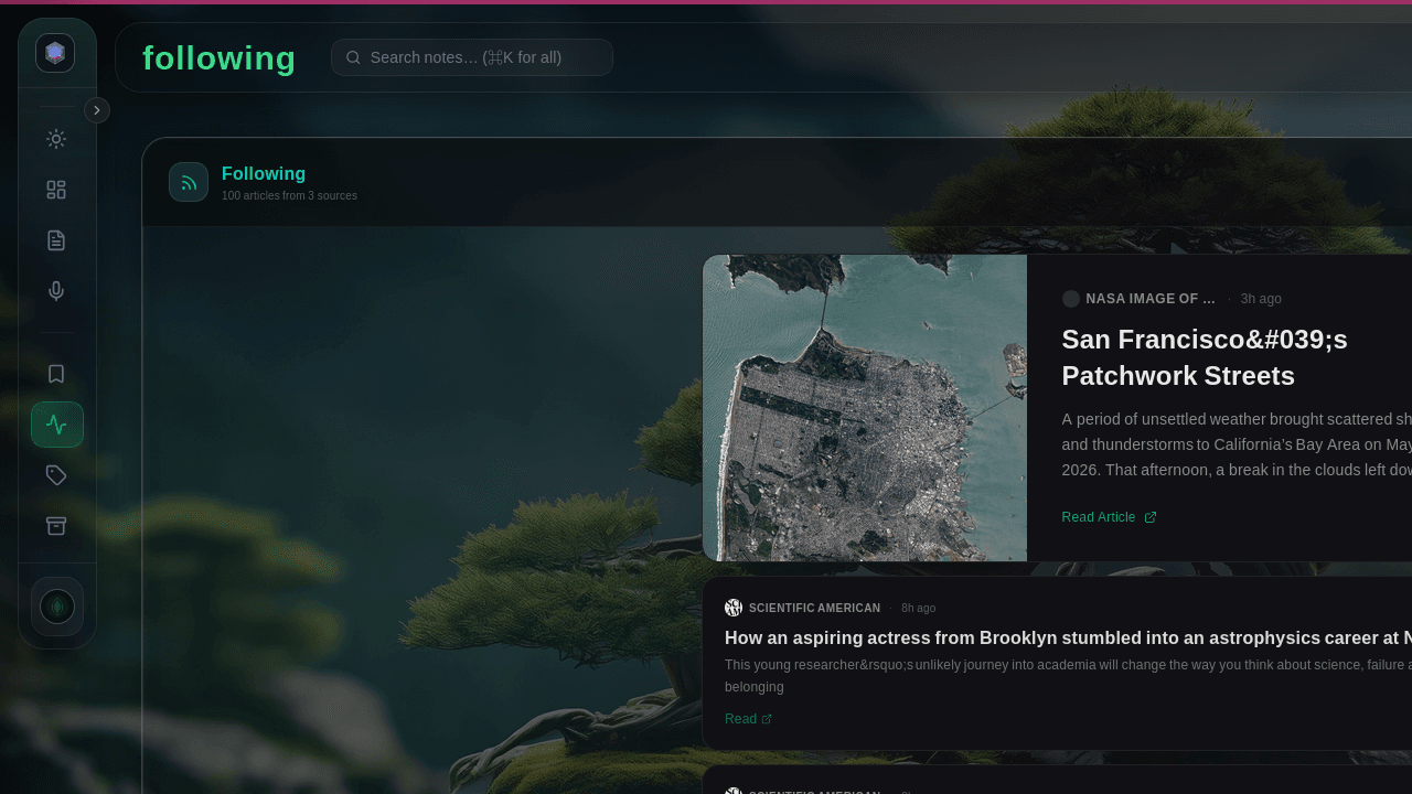RSS feed reader with image-forward article cards and clean reading layout