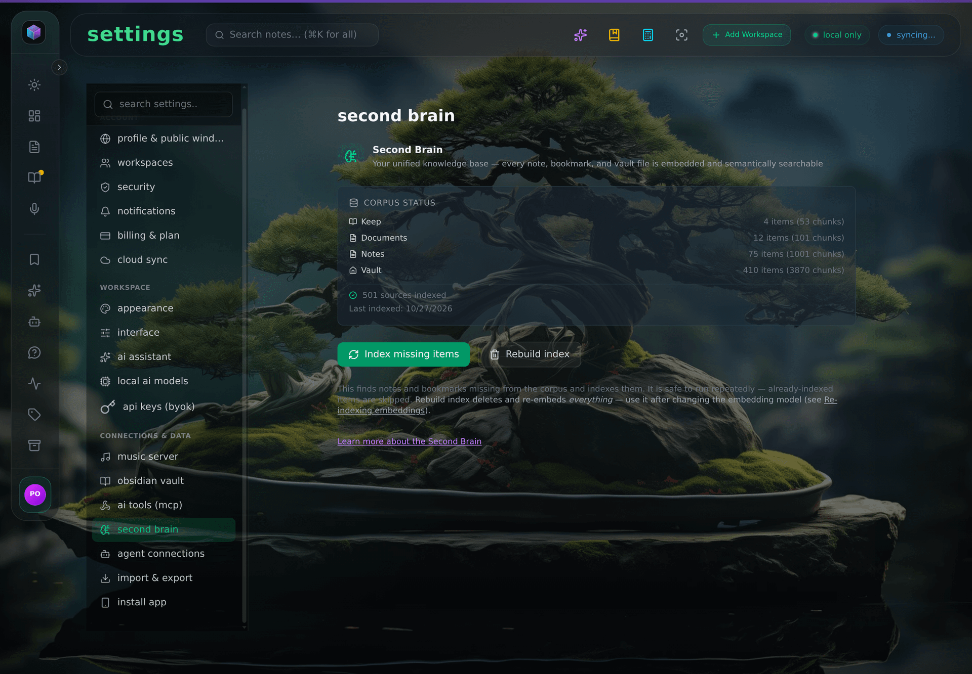 Second Brain settings with corpus status and rebuild actions.