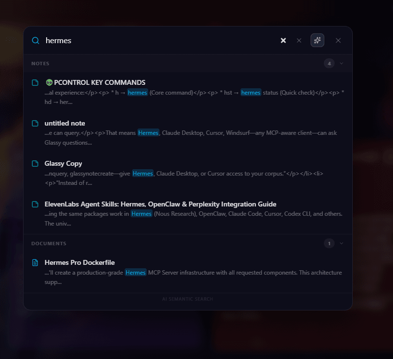 Universal Search ⌘K overlay showing mixed results across notes, bookmarks, and documents