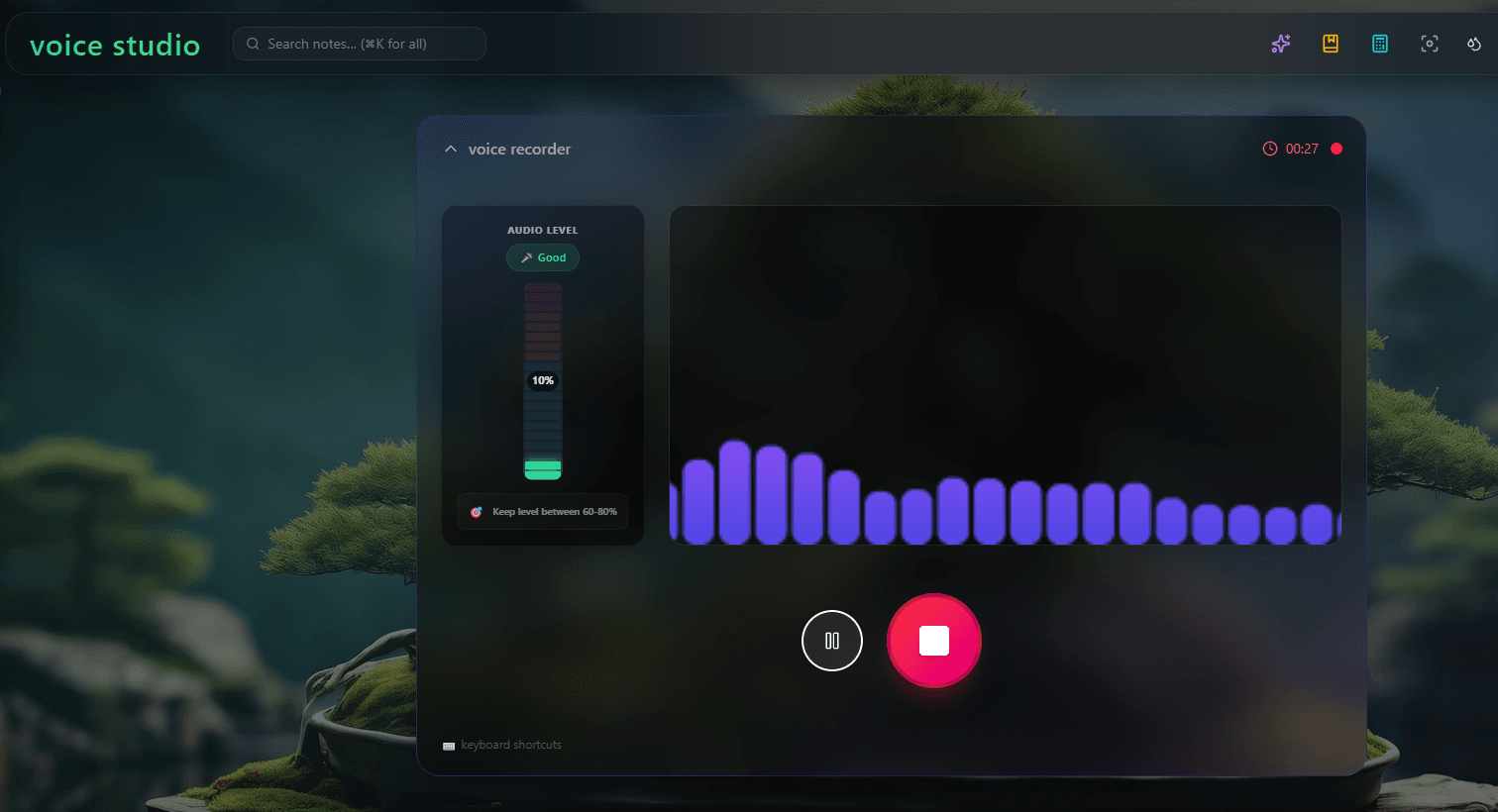 Voice Studio recording a lecture with live transcript and AI-generated action items