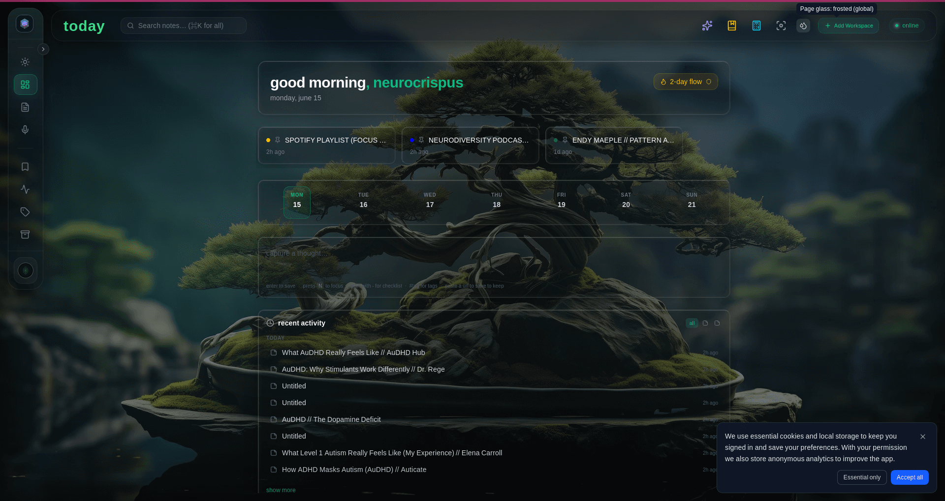 Today view with Focus Rail, AI Morning Briefing, and calendar strip — designed for quiet organization